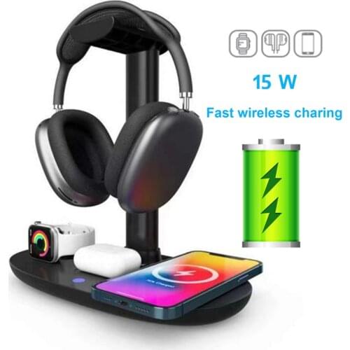 15W 4 In 1 Wireless Charging Induction Charger Stand For IPhone 11 Pro X XS Max XR 8 Airpods Pro Apple Watch Headphone Holder