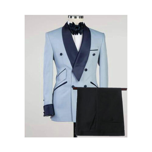 2021 New Light Blue Double Breasted Mens Slim Fit Formal Suits With Pant Navy Blue Shawl Lapel Custom Made Wedding Tuxedo Suits
