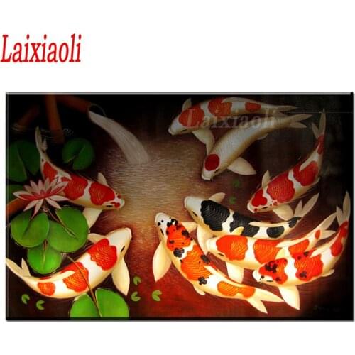 5D Diy Diamond Painting Nine fish Cross Stitch full Square Diamond Embroidery Koi Fish mosaic picture Chinese style home Decor