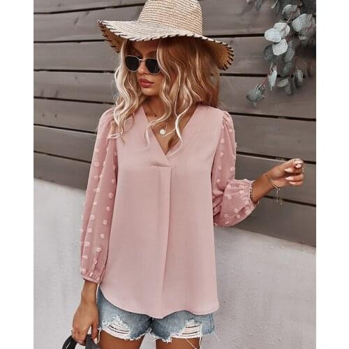 Vintage Blouses Women Leisure Splicing Long Lantern Sleeve Shirts Fashion Solid Colour Tops Female Patchwork Loose Sexy V-Neck