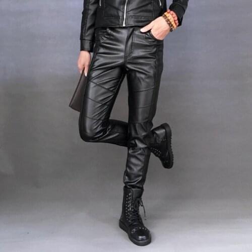 Autumn winter personality fashion plus velvet motorcycle faux leather pants mens feet pants pu trousers for men pantalon homme