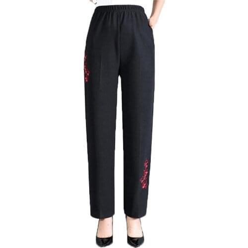 Middle-aged elderly grandmotherr Womens embroidered pants Spring Autumn Female Elastic waist Straight plus size Long pants 4XL