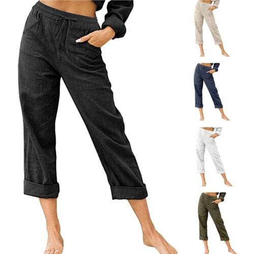 Womens Solid Color Pants High Waist Pants Cotton And Linen Casual Cropped Trousers Simple Daily Comfy Pants Pantalones De Mujer