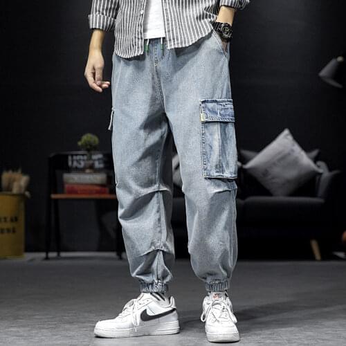 Mens Fashion Jeans Casual Hip Hop Loose Denim Jeans Patchwork Pocket Trousers Plus Size Harem Pants Denim Joggers For Male