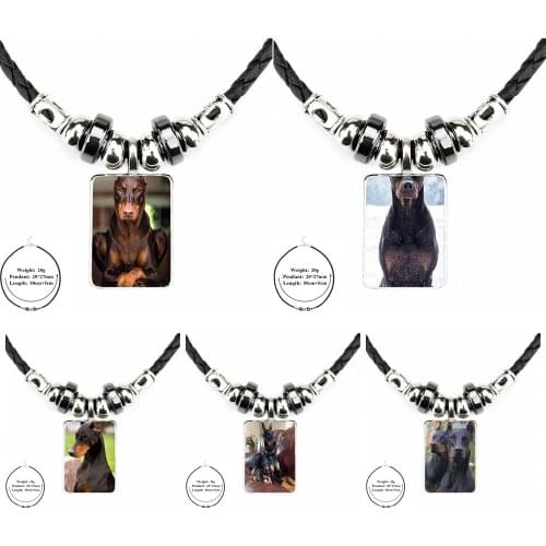 EJ Glaze Doberman Necklace Glass Cabochon Black Leather Bead Pendant Chain Vintage Choker Statement For Women Wedding