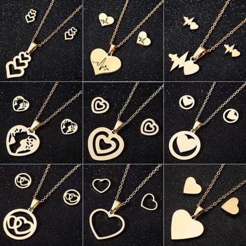 Jisensp Korean Luxury Love Heart Necklace Earrings Set Stainless Steel Jewelry Sets for Women Girls New Year Valentines Day Gif