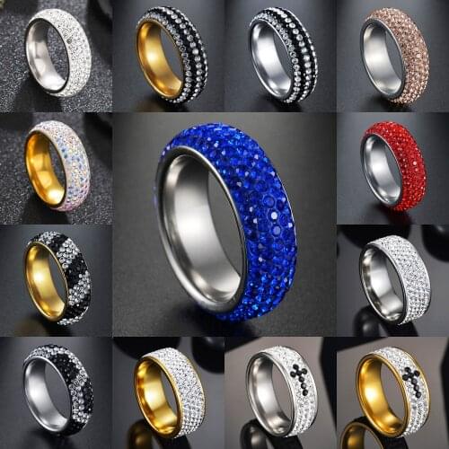 8MM 5 Luxury Rows Blue Pink Red Color Crystal Rings Womens Stainless Steel Engagement Wedding Ring JewelryGift Wholesale