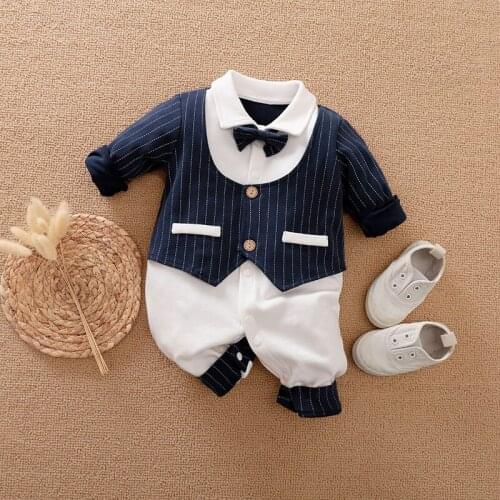 Brand New Spring Autumn Formal Toddler Baby Gentalman Boys Romper Long Sleeve Gentle Bow Solid Jumpsuits Playsuit Outfit 0-2Y
