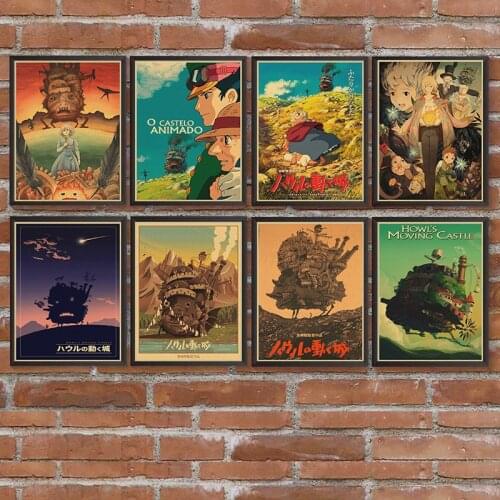 Miyazaki Hayao carrrtoon movie Howls Castle Vintage Poster Cafe Bars Kitchen Decor Kraft Paper Posters Retro Wall Stickers
