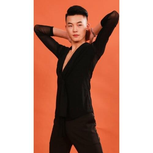 Male Latin Dance Clothes Black V-Neck Shirts Latin Dance Practice Performance Clothes Ballroom Dance Competition Clothes SL2638