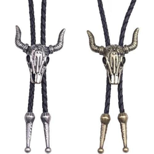 Retro New Cow Animal Zodiac Bolo Bow Tie for Men Necklace Antique Metal Neckties Leather Rope Shirt Collar Bowtie Cowboy Jewelry