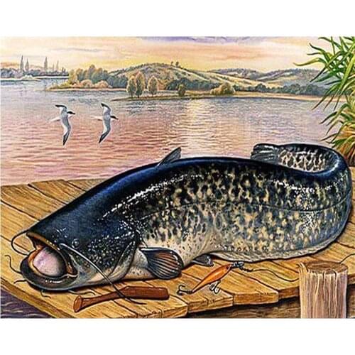 DIY 5D Soft Canvas Crystal Full Drill Round Poured Glue Diamond Painting Kit Scalloped Edge Catfish On Shore Mosaic Decoration