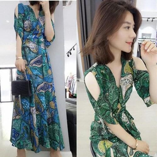 2020 new high-waist floral off-the-shoulder dress spring and summer womens dress with chiffon fairy skirt