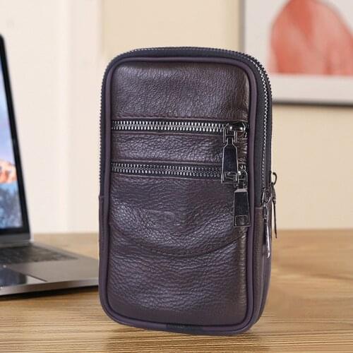 New Fashion Men Waist Wallet Cowhide Leather Solid Color Casual Male Mini Belt Loop Holster Carry Phone Pouch Zipper Wallet Case
