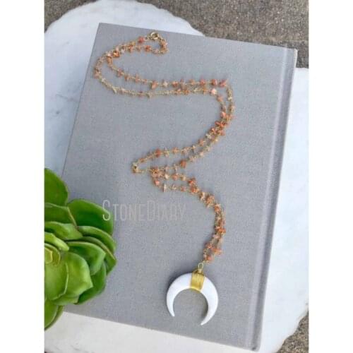 NM11602 White Shell Crescent Moon Necklace Sun Stone Rosary Beaded Necklace Large White Double Horn Necklace Gold Rosary Gift
