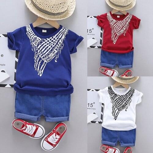 Casual Boys Clothes summer scarf printed short sleeve + denim shorts two-piece Baby Clothes set