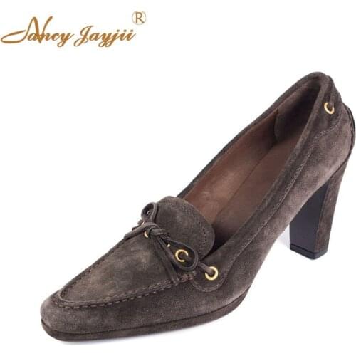 Women Shoes Adult Ladies Pumps Solid Flock Basic Butterfly-knot Sweet High Square heels Slip-On Square Toe Fashion Party 2019