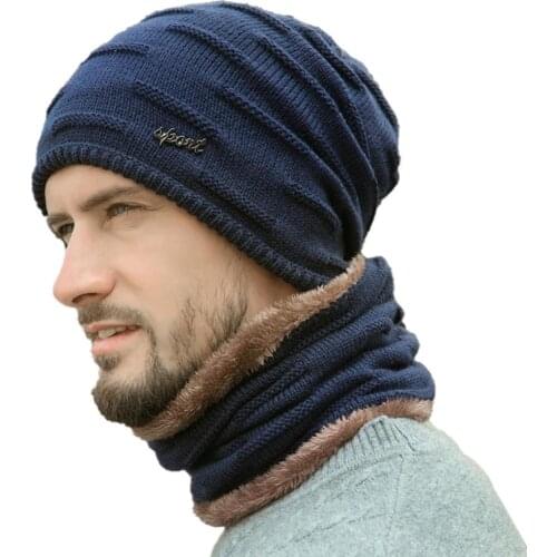 Outdoor Beanie Hats Scarf Set Sports Hiking Cap Men Autumn Winter Thick Thermal Fluffy Knitted Cap Neck Warmer Headwear