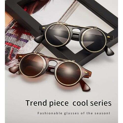 Vintage Steampunk Flip Sunglasses Retro Round Metal Frame Sun Glasses for Men Women Circle Glasses