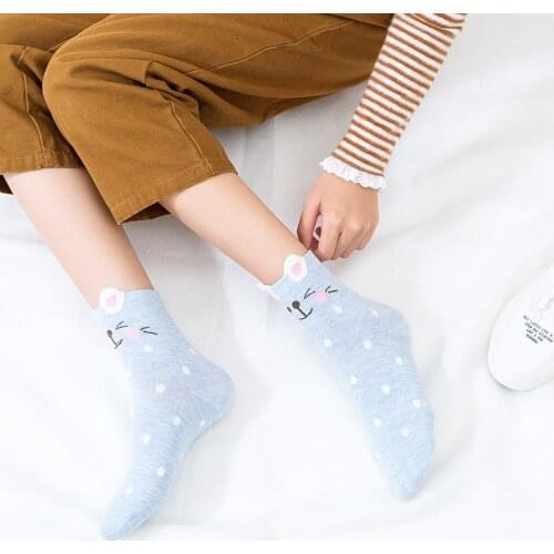 High-quality Women Socks Cute Animal Cartoon Sox Small Ears Kawaii Cartoon Slippers Women Casual Soft Funny Cat Bear Blue Socks