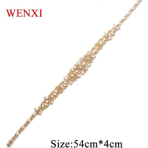 WENXI (5 pcs)Wholesale 53cm Bridal Hand Beaded Rose Gold Rhinestones Appliques for Wedding Dress Sash And Accessory DIY Iron On