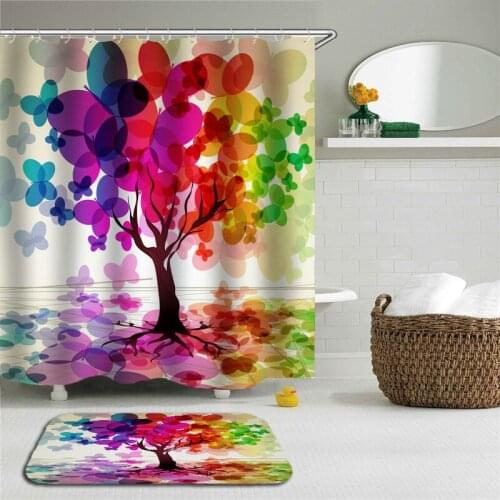 Color Flowers Tree Shower Curtain Set Bath Curtains Waterproof Polyester Cloth Shower Curtain Bathroom Toilet Non-slip Floor Mat