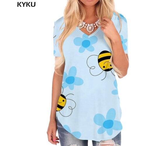 KYKU Bee T-shirt women Animal V-neck Tshirt Lovely Shirt Print Flower Tshirts Printed Womens Clothing Punk Rock Loose Style