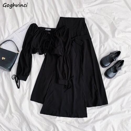 Women Sets Solid Summer Fashion 2 Piece Long Sleeve Cropped Square Collar Top High Waist Bow Mid-calf Skirt Ins Elegant Popular