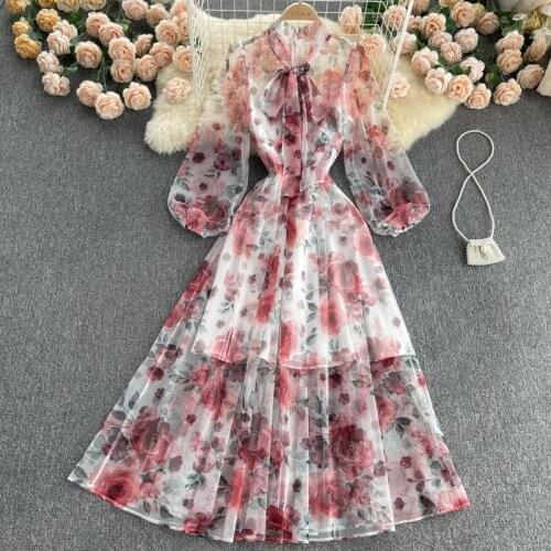 Womens Runway Autumn Floral Print Lace Up Bow Neck Vacation Holiday Sicilian Rose Mesh Tulle Long Sleeve Maxi Dress Pink