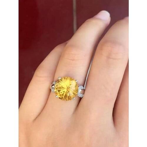 Natural Fireworks citrine gem Ring Natural yellow crystal ring 925 sterling silver trendy Elegant round women girl party Jewelry