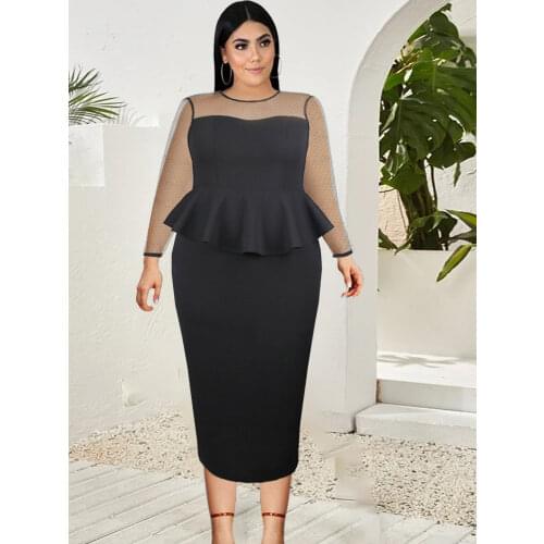 Women Oversized Dresses See Through Long Sleeve Black Mesh Dot Ladies Ruffles Bodycon Plus Size Robes 4XL Summer Birthday Party