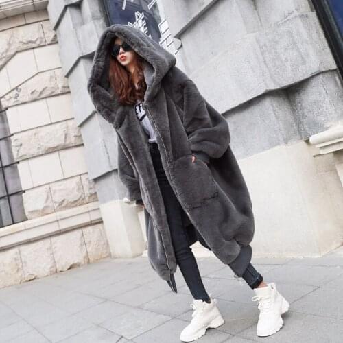 2021 Winter New Faux Fur Cotton Coat Fashion Hooded Cotton Coat Long Plush Fleece Temperament Loose Jacket Women Winter Trend