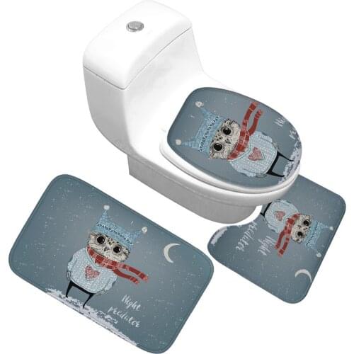3pcs Cartoon Owl Bath Mats Anti Slip Bathroom Mat Set Coral Fleece Floor Toilet Seat Cover Accessories Christmas Decoration
