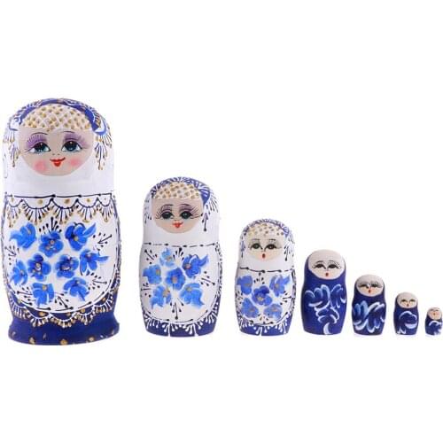 7 PCS Beautifully Handmade Wooden Russia Nesting Doll Matryoshka Blue