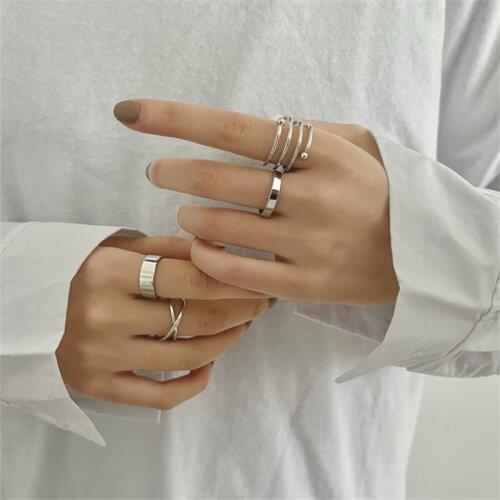 AOMU 6PCS/Set New Fashion Punk Geometric Multilayer Cross Metal Circle Simple Ring Suit for Women Party Jewelry Gift