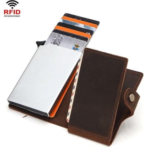 Vintage RFID Blocking Crazy Horse Cow Leather Men Wallet Credit Card Holder Aluminium Box Men Women Automatic Pop Up Card Case