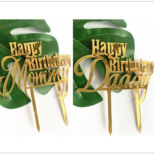 2020 Glitter Happy Birthday Mommy Daddy Cake Topper Gold Mirror Cake Topper for Mothers day Dad Birthday Party Cake Decorations