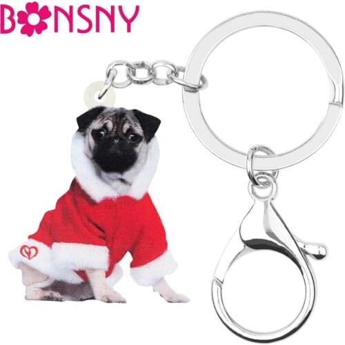 Bonsny Acrylic Christmas Costume Pug Dog Key Chain Animal Key Ring Car Purse Handbag Keychain For Women Girl Men Decoration Gift