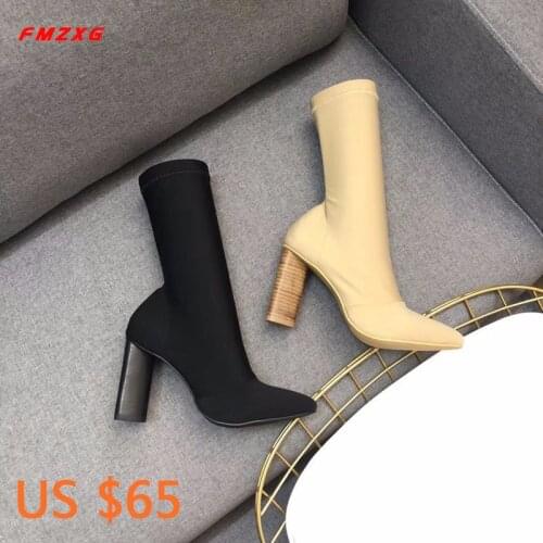 Womens Sexy Shoes Winter Fashion Quality Booties Pointed Toe Stretch Fabric High Heel Boots Leisure Women Luxury Brand Shoes