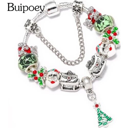 Buipoey 2019 New Christmas Series Sleigh Charm Female Bracelet DIY Crystal Beads Cedar Pendant Bangle New Year Gift