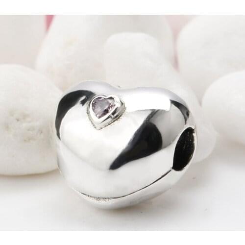 925 Sterling Silver Steady Heart Pink CZ Clip Charms fit Bracelets & Necklaces Beads Women Girls Jewelry