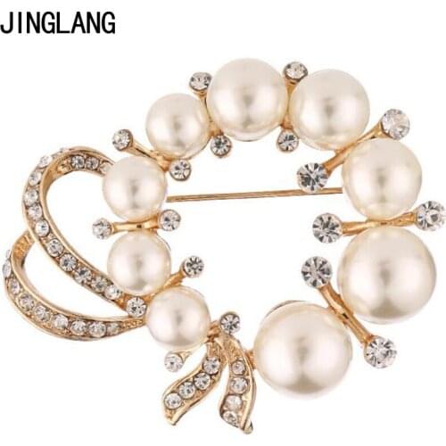 JINGLANG Fashion Gold Color Brooches Pins Color Rhinestone Pearl Brooches For Men Clothes Decoration Jewelry
