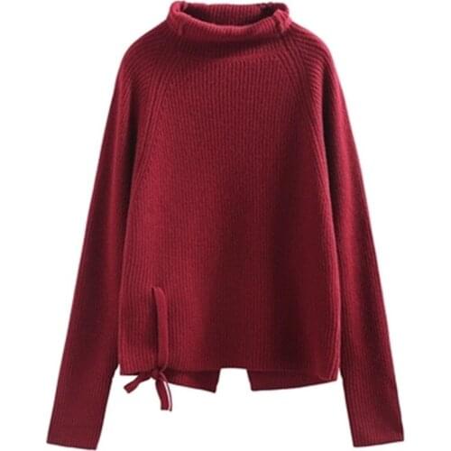 Pure cashmere turtleneck knit women fashion lace up open hem solid loose pullover sweater S-XL retail wholesale