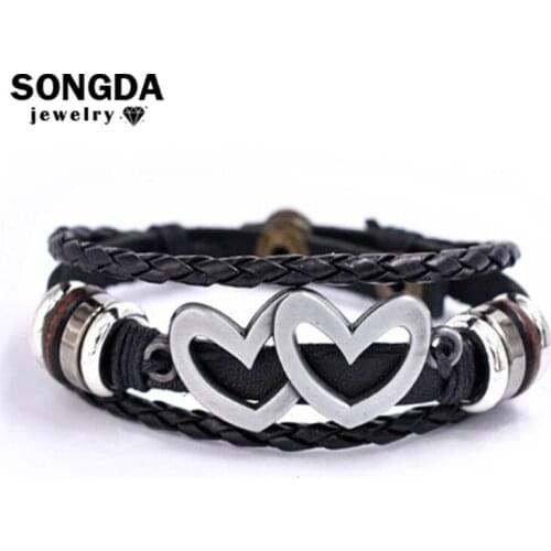 Double Love Leather Bracelet Vintage Metal Silver Gold Multilayer Braided Bracelet Women Men Charm Bracelet Couple Jewelry Gift