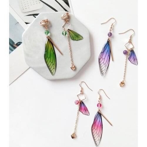 EM042 Temperament Long-style Drop Earrings Cicada Wings Asymmetry Gradual Change Of Color Fresh Earrings For Women