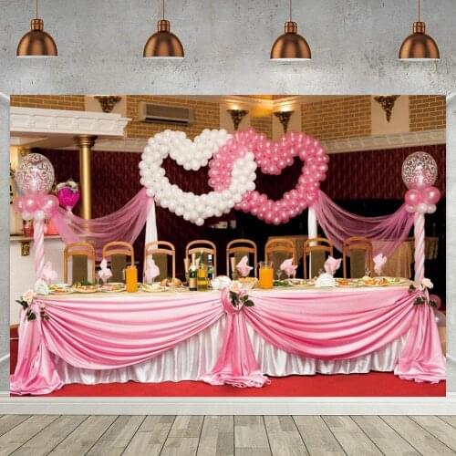 Wedding Party Photography Background Love Heart Shape Balloons Long Dinner Table Marriage Celebration Stage Backdrops