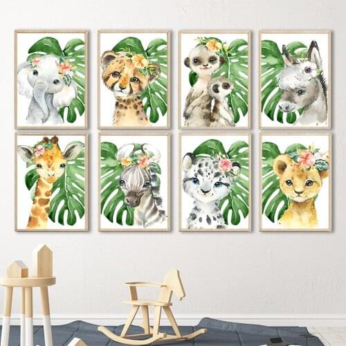 Animal and Leaves Canvas Painting Nordic Home Decor Cute Elephant Pictures for Home Design Frameless Kids Room Decor Wall Art