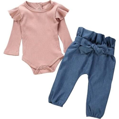 Autumn Baby Jeans Sets Kids Girls Pit Strip Long-Sleeved Fashion Romper Bodysuit+Denim Pants Set Fashion Newborn Outfits