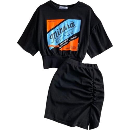 NEWDISCVRY Women Two Piec Set Letter Shirts And Skirts Set Summer Short Sleeve O-neck Tops Ande Skirt Casual Sexy Outfit Female