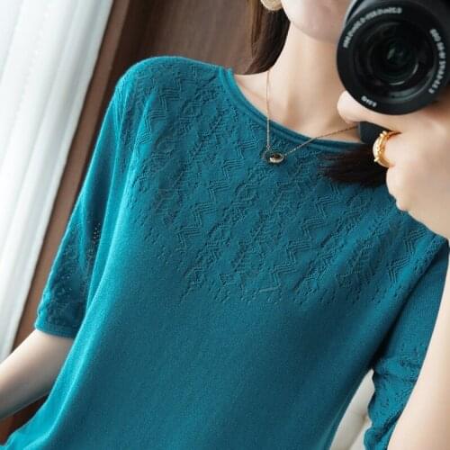 Summer new style cotton O-neck knitted short-sleeved T-shirt short jumper half-sleeved ladies top